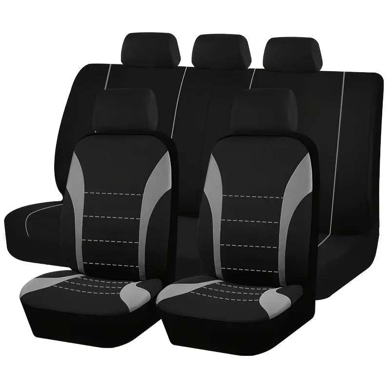 Seat Covers 9pcs Set of black car seat covers with gray side panels, stitched horizontal accents and matching rear bench covers