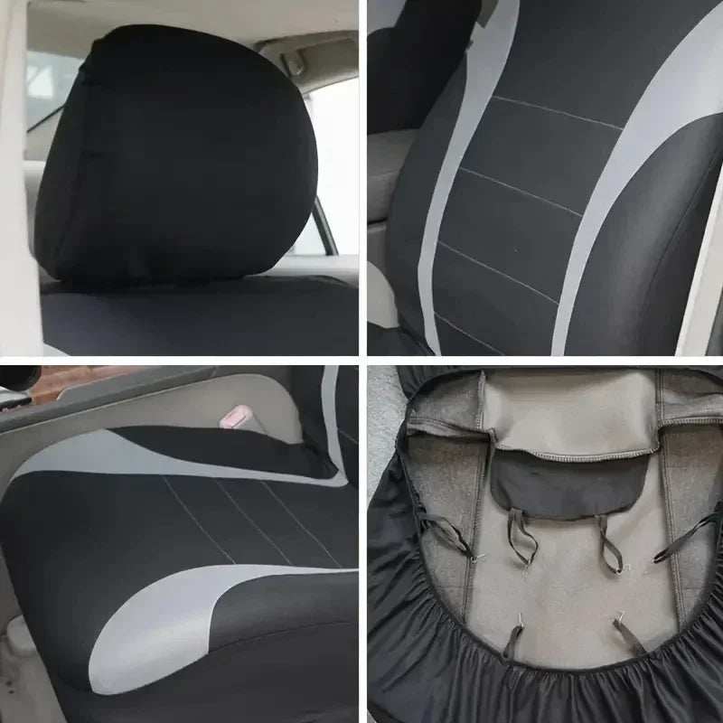 Seat Covers 9pcs Set car seat upholstery in black fabric with gray curved panels, stitched accents and fitted edges