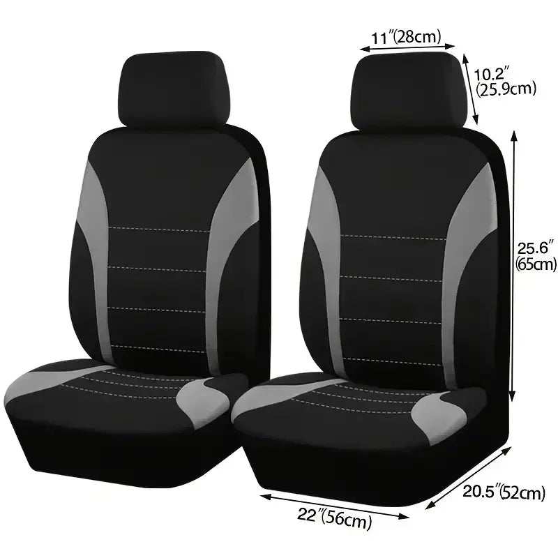 Seat Covers 9pcs Set in black and gray fabric with contoured panels, stitched seat backs, headrests and cushions