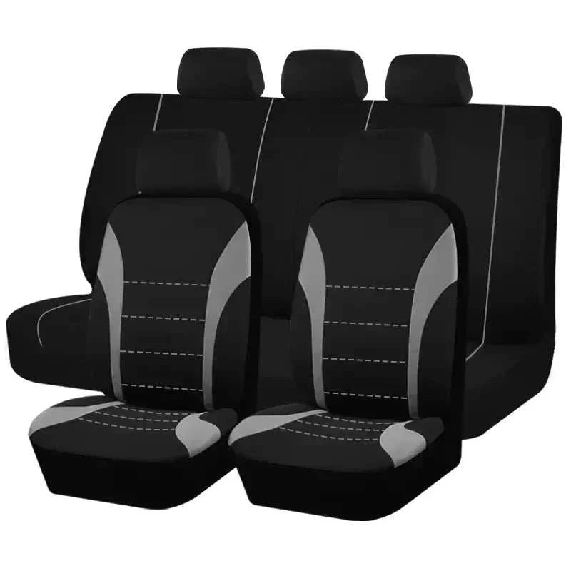 Seat Covers 9pcs Set in black and gray fabric, with contrasting side panels and stitched horizontal bands for five seats