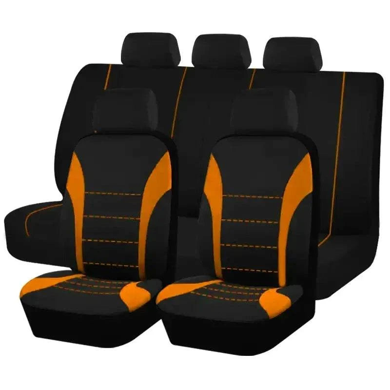 Seat Covers 9pcs Set of black car seat cushions with bright orange side panels, stitched accents and matching rear bench covers