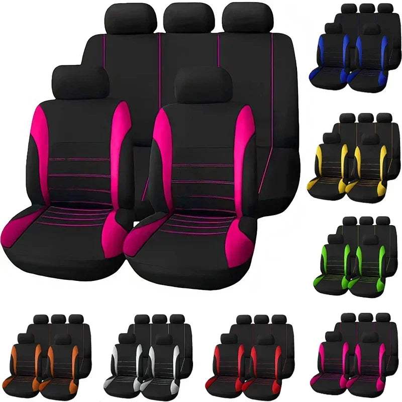 Seat Covers 9pcs Set with black fabric, bright pink side panels and matching stitched accents for car seats