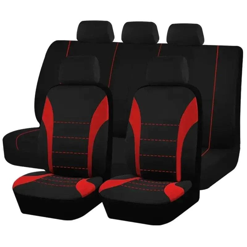 Seat Covers 9pcs Set featuring black seat upholstery with red side panels, stitched accents, and matching rear covers