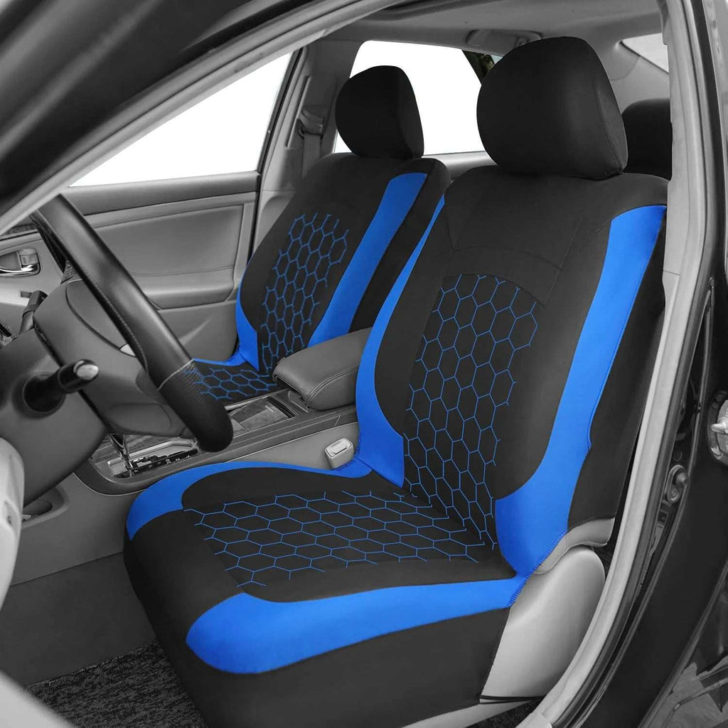 Universal Breathable and Durable car seat covers in black polyester with vivid blue side panels and hexagonal mesh pattern