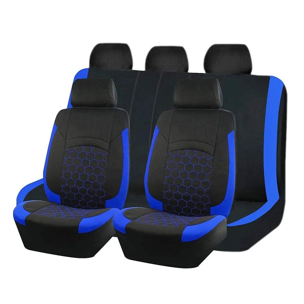 Universal Breathable and Durable car seat cover set in black polyester with vivid blue trim, honeycomb panels and headrest covers