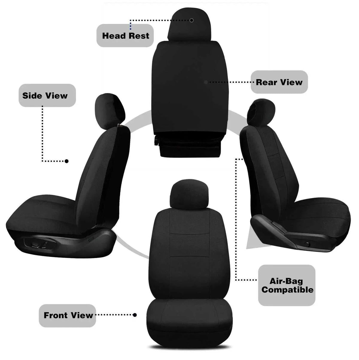 Universal Breathable and Durable car seat covers in black polyester with a smooth, quilted design and separate headrests