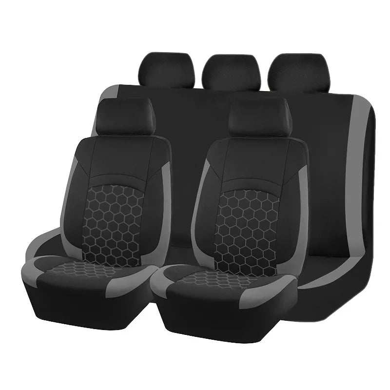 Universal Breathable and Durable car seat covers in black polyester with gray trim and honeycomb-patterned center panels