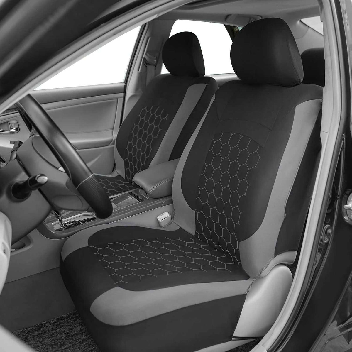 Car seat covers Universal Breathable and Durable in black and gray polyester with hexagonal patterned panels and fitted headrests