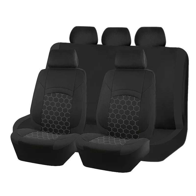 Car seat cover set in black polyester with honeycomb-patterned center panels, including covers for five seats.