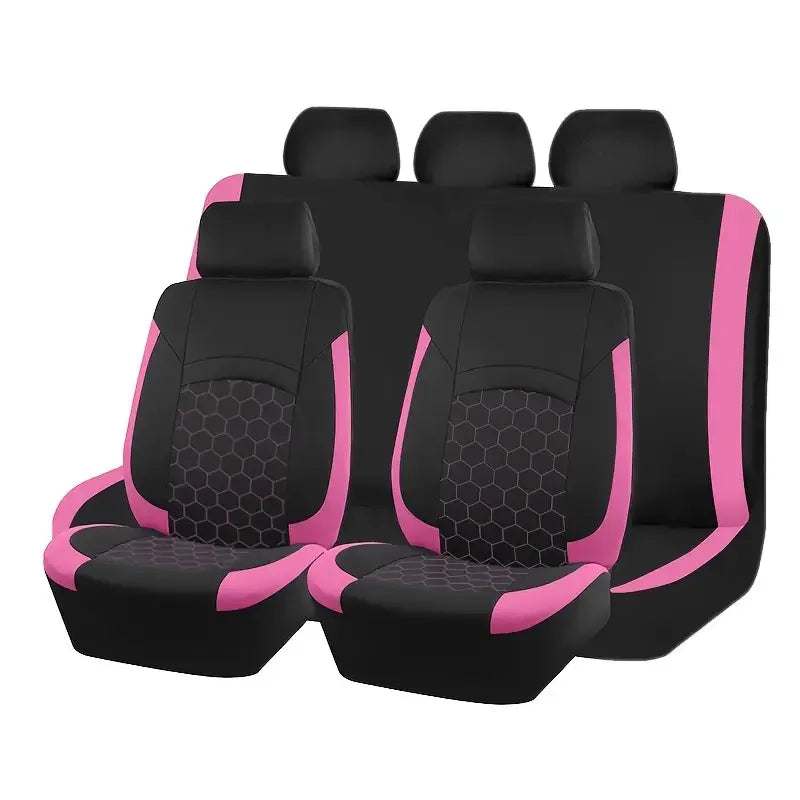 Car seat cover set in black polyester with bright pink trim and hexagon-patterned center panels, including front and rear seats; Universal Breathable and Durable
