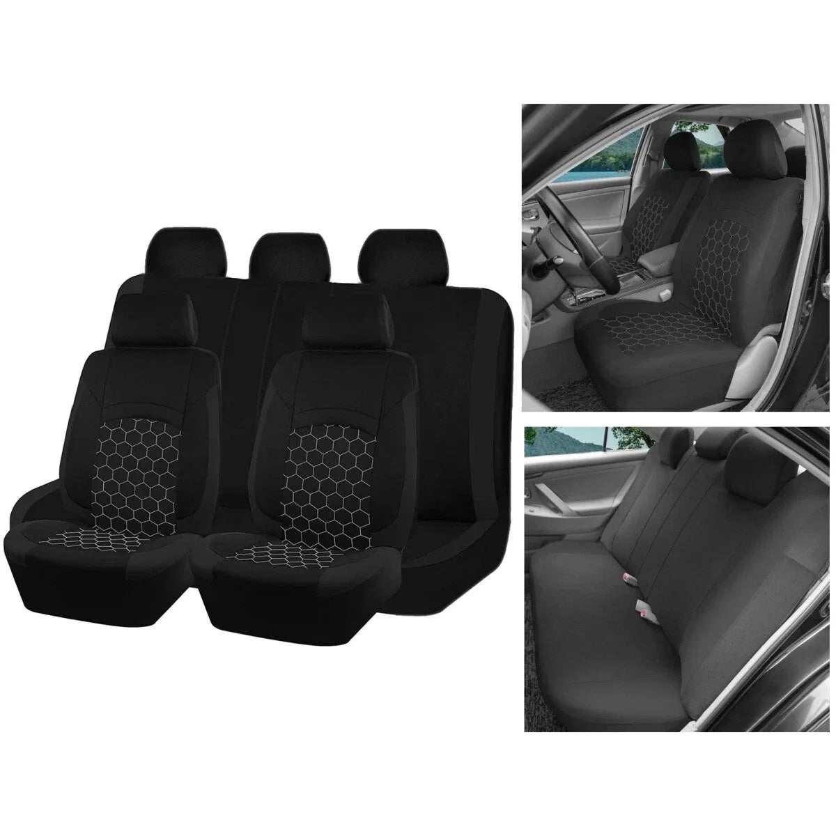 Car seat cover set in black polyester knit with subtle hexagonal panels, headrest covers and pieces for five seats; Universal Breathable and Durable
