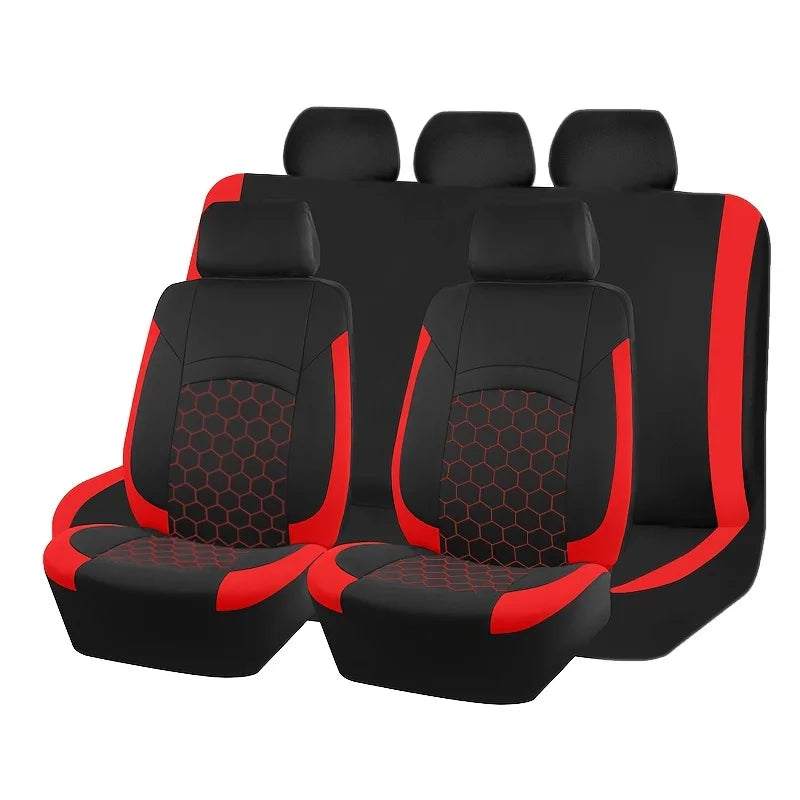 Universal Breathable and Durable car seat cover set in black polyester with bold red trim and honeycomb-patterned inserts