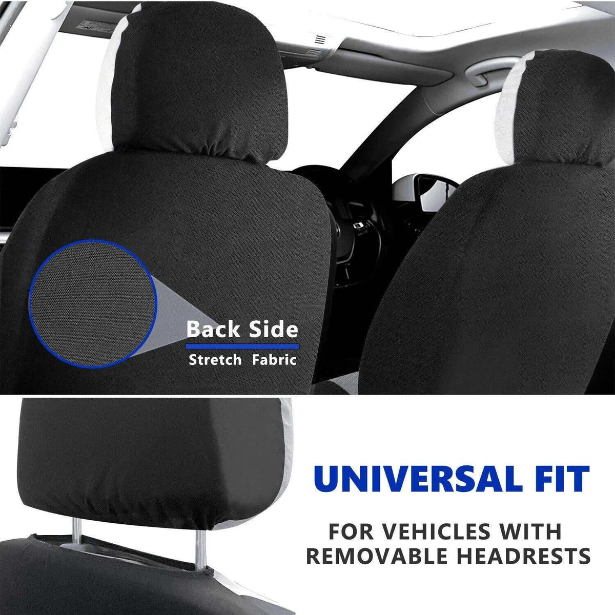 Car seat covers in black stretch fabric with light grey side panels, fitted front seats and removable headrests; Universal Breathable and Durable