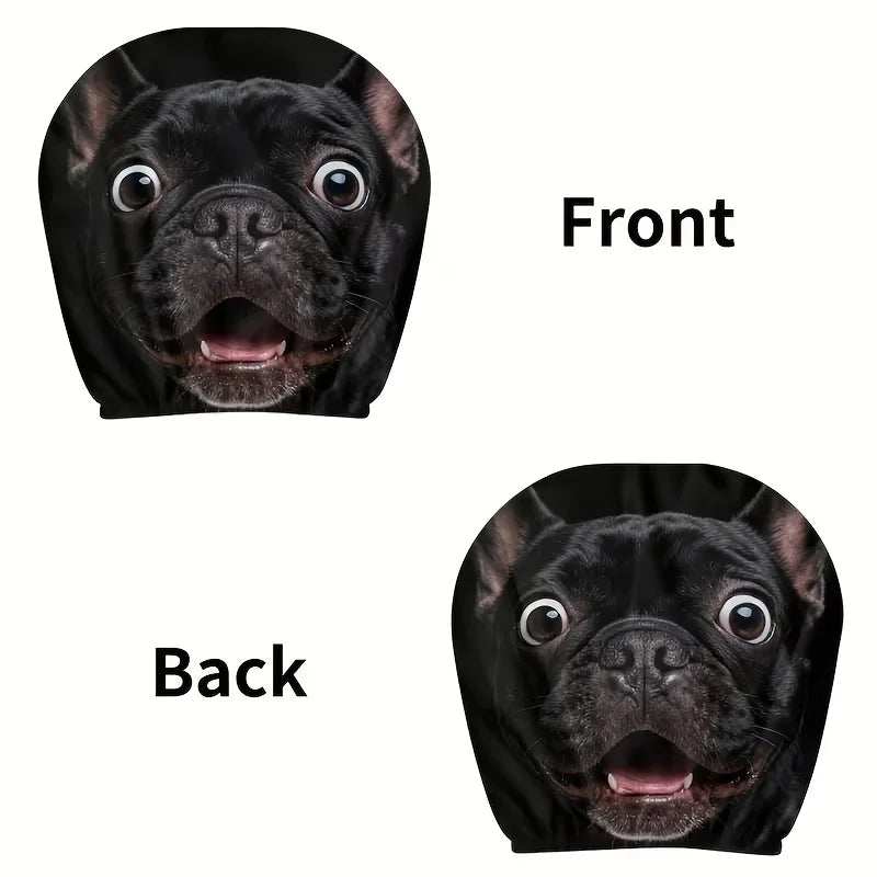 Universal Dog Printed Car headrest cover in black polyester with a wide-eyed French bulldog face print on front and back