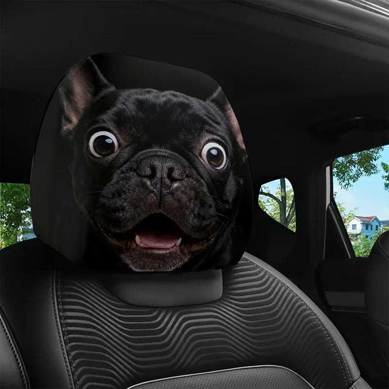 Universal Dog Printed Car headrest cover in black polyester, featuring a large close-up print of a wide-eyed French bulldog