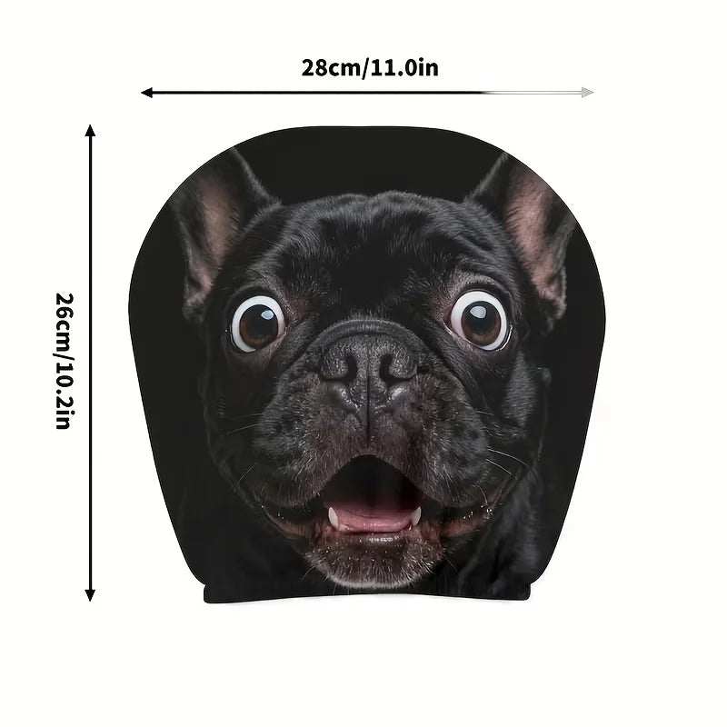 Universal Dog Printed Car headrest cover in black polyester, featuring a close-up print of a wide-eyed French bulldog face