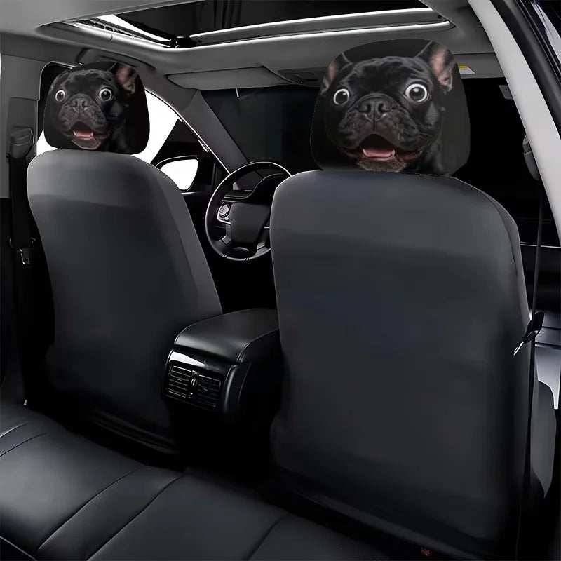 Universal Dog Printed Car headrest covers in black polyester, featuring large printed black pug faces on both front seats