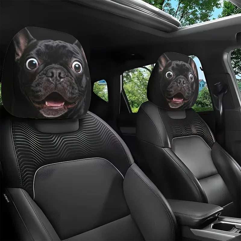 Universal Dog Printed Car headrest covers in black polyester, featuring a large playful pug face print on each cover.