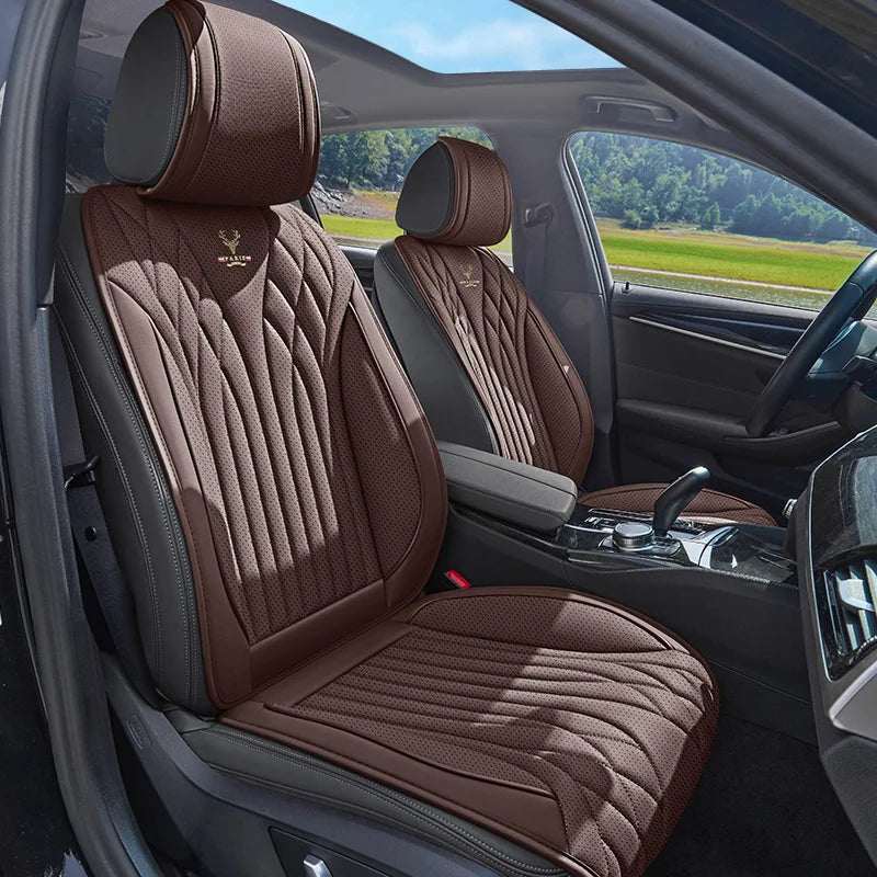 Car seat covers in Universal Napa Leather, brown and beige with quilted diamond stitching and padded panels