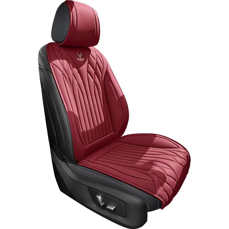 Universal Napa Leather car seat cushion in burgundy and black, with quilted vertical stitching and a matching headrest