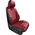 Universal Napa Leather car seat cushion in burgundy and black, with quilted vertical stitching and a matching headrest
