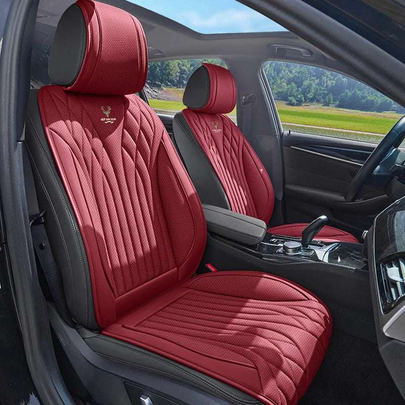Universal Napa Leather car seat covers in burgundy red with black trim, quilted panels and a padded fitted design