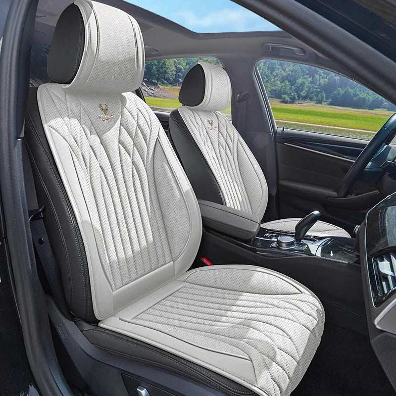 Universal Napa Leather car seat covers in light gray with quilted panels, perforated texture and black side trim