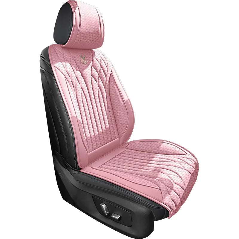 Universal Napa Leather car seat cover in pink faux leather with quilted diamond stitching, black sides and a matching headrest