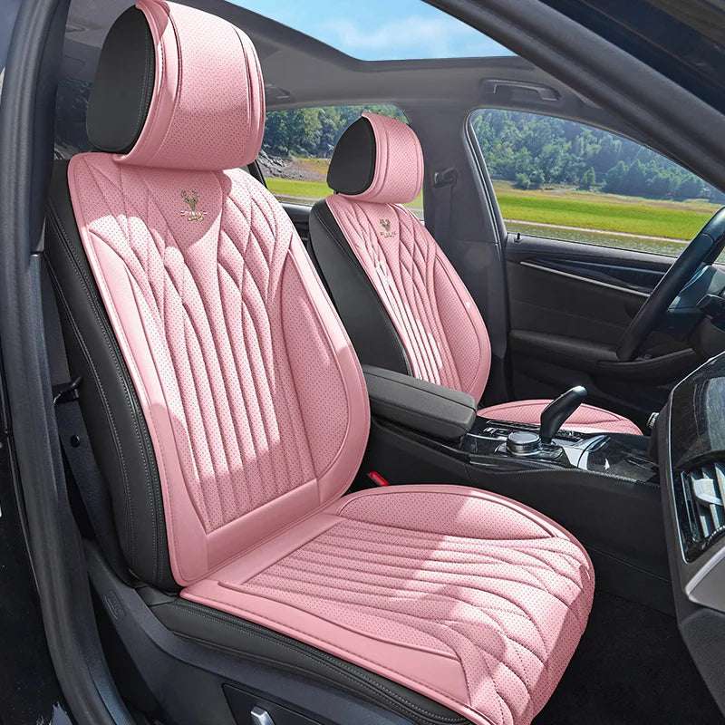 Universal Napa Leather car seat cushion in pink quilted artificial leather with black side panels and stitched detailing