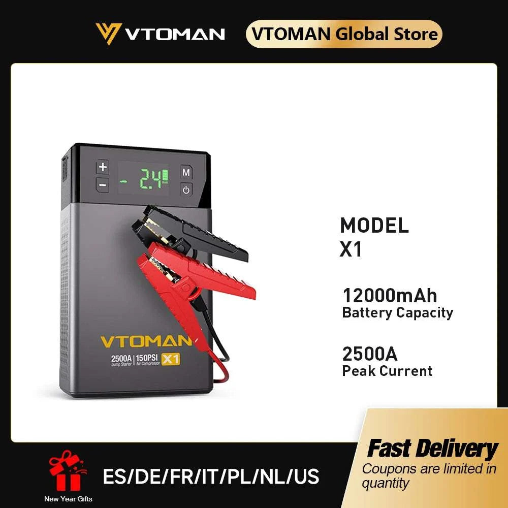 VTOMAN Car Jump Starter in a black rectangular case with a digital display, red and black clamps, and 12000mAh capacity