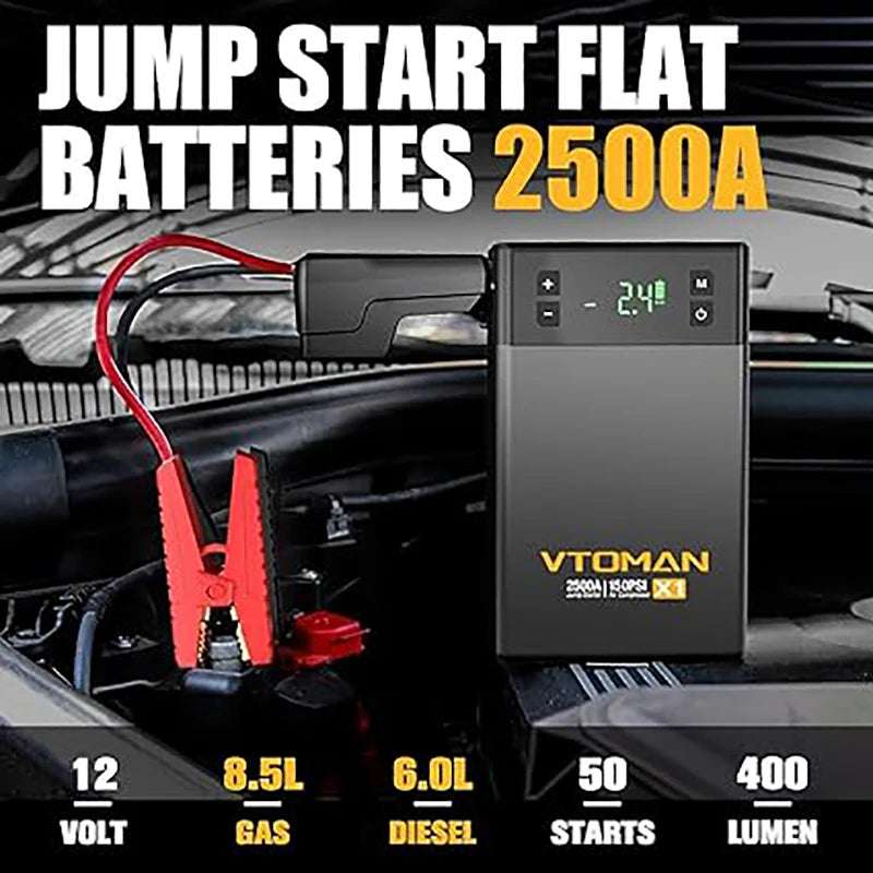 VTOMAN Car Jump Starter in black with digital display and red clamps, shown jump-starting a car battery