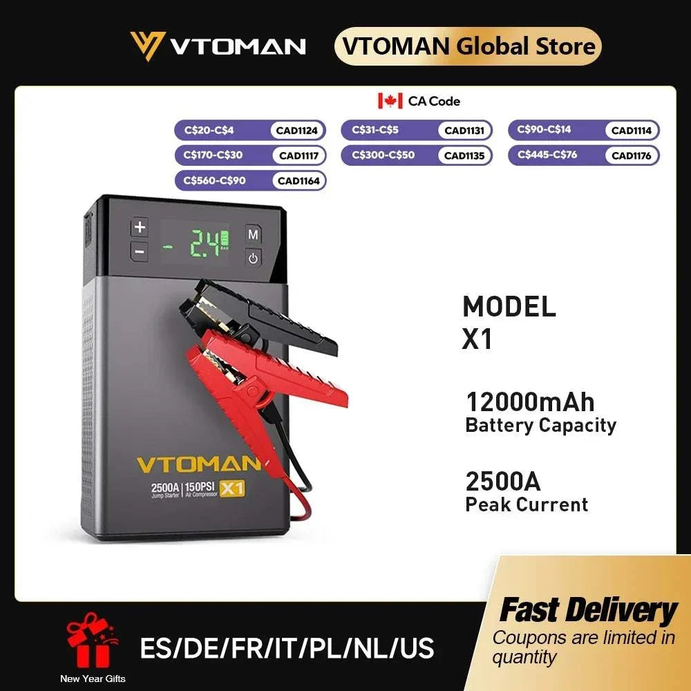 VTOMAN Car Jump Starter, a black portable lithium battery with red and black jumper clamps, digital display and 150 PSI compressor