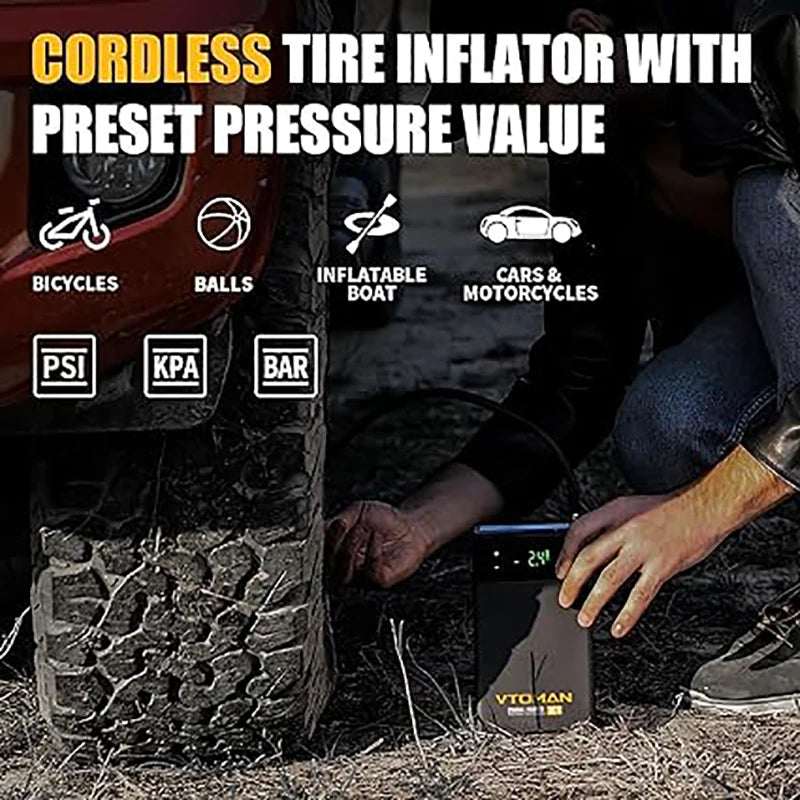 VTOMAN Car Jump Starter portable tire inflator with black casing, digital pressure display and air hose attached to a car tire