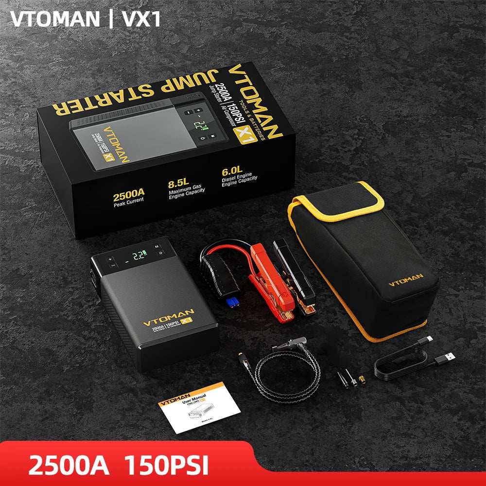 VTOMAN Car Jump Starter kit with black lithium power bank, red jumper clamps, cables, zip case and pressure display