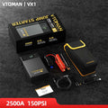 VTOMAN Car Jump Starter kit with black lithium power bank, red jumper clamps, cables, zip case and pressure display