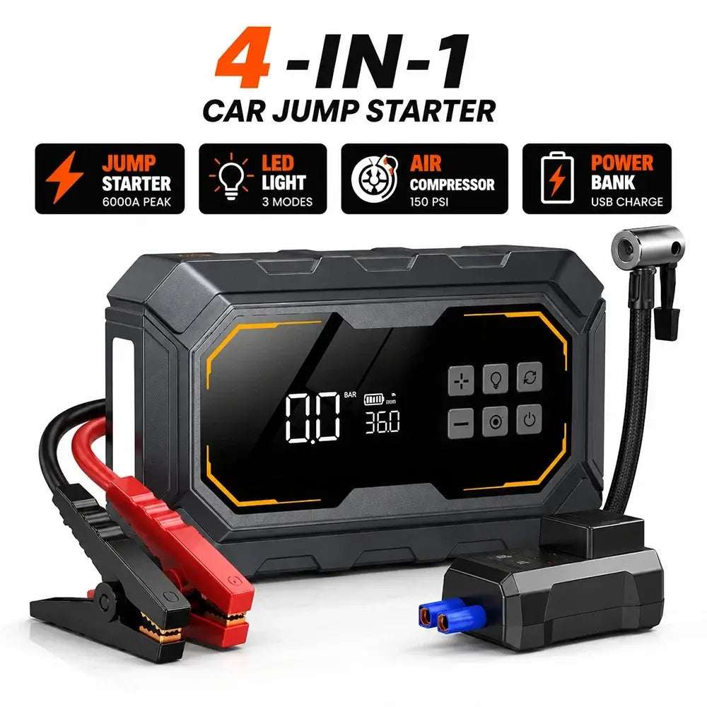 Vyvylabs Car Jump Starter in black with a digital display, red and black clamps, air hose and LED light