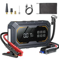Vyvylabs Car Jump Starter in a rugged black case with digital display, red and black clamps, air hose, nozzles and USB cable