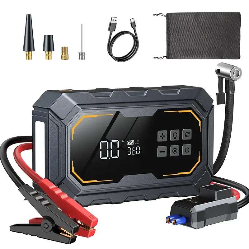 Vyvylabs Car Jump Starter in a rugged black case with digital display, red and black clamps, air hose, nozzles and USB cable