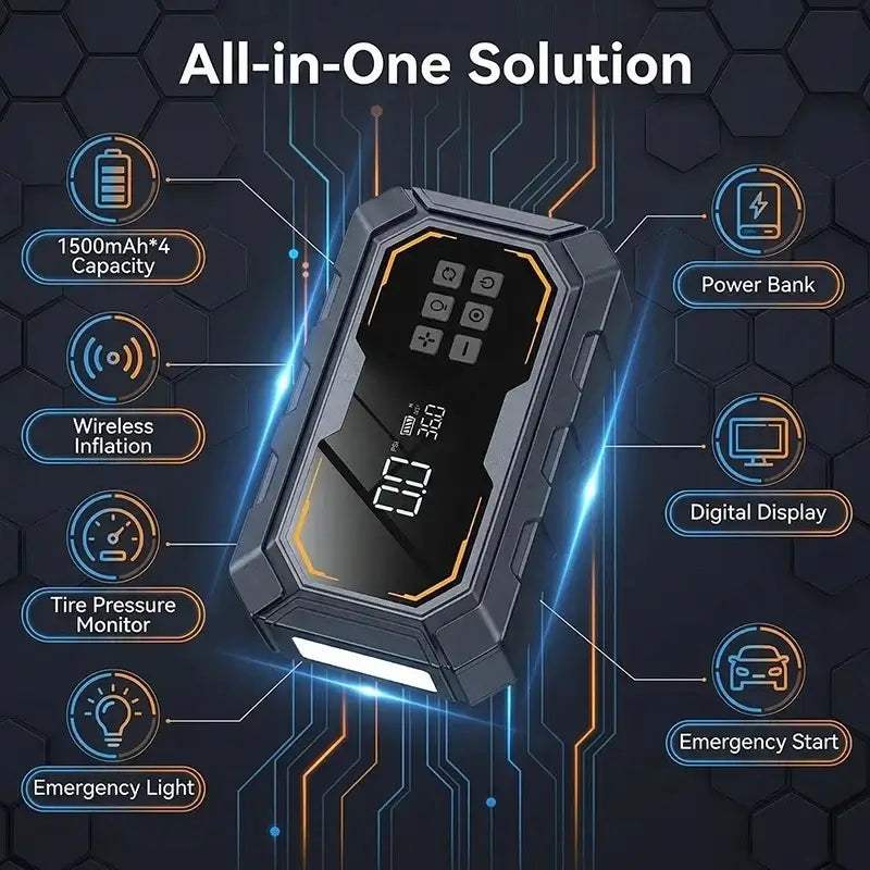 Vyvylabs Car Jump Starter, a black rectangular unit with a digital display, wireless inflator, power bank and emergency light