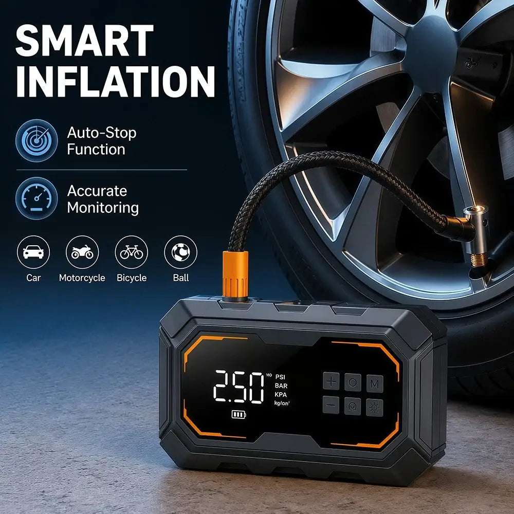 Vyvylabs Car Jump Starter in black rugged housing with orange trim, digital pressure display and braided tire inflation hose