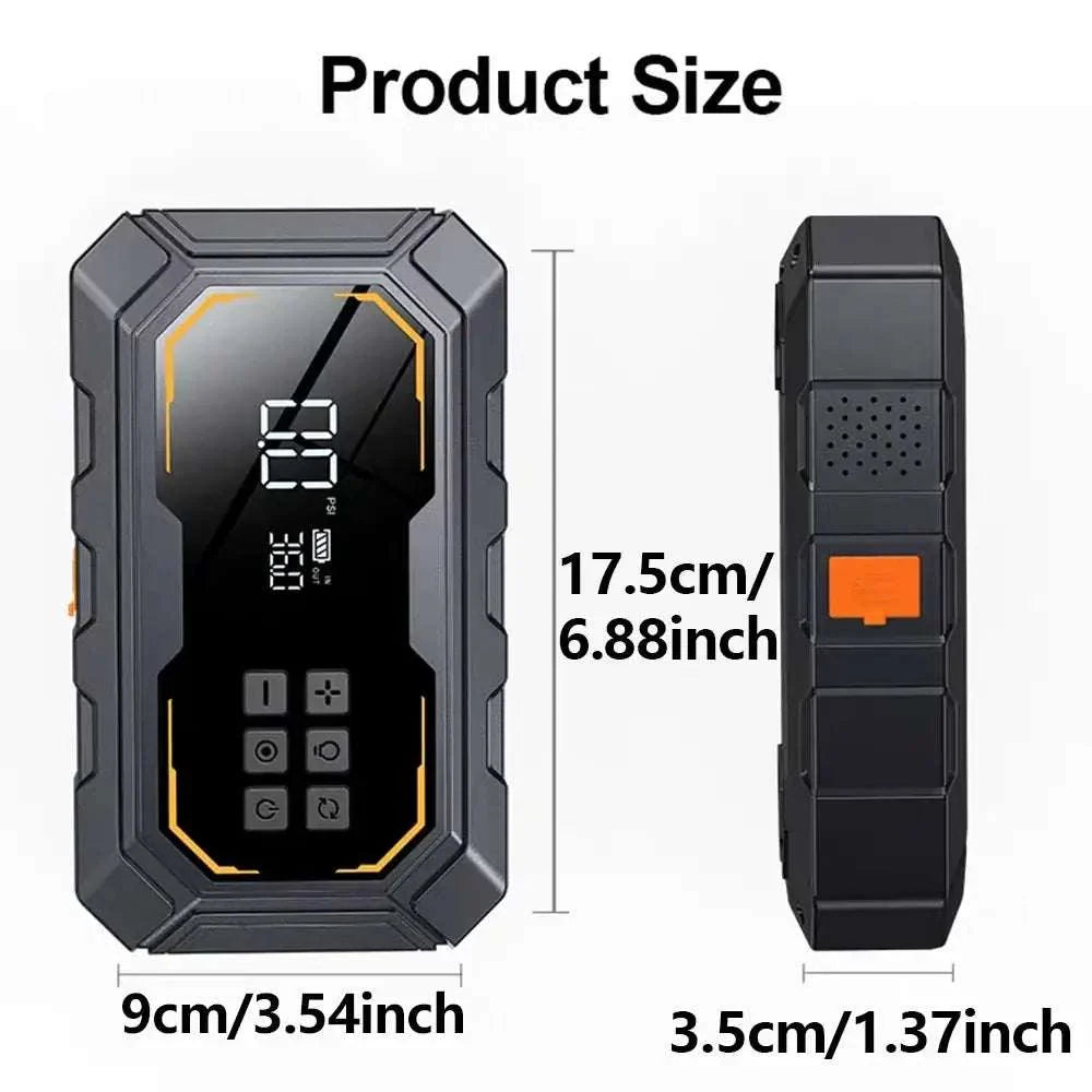 Vyvylabs Car Jump Starter in a rugged black case, shown front and side with a digital display and yellow accents