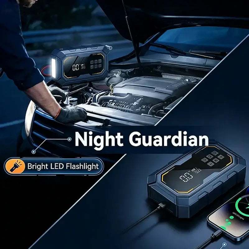 Vyvylabs Car Jump Starter in a rugged dark casing with a digital display, LED flashlight and vehicle jump-start cables